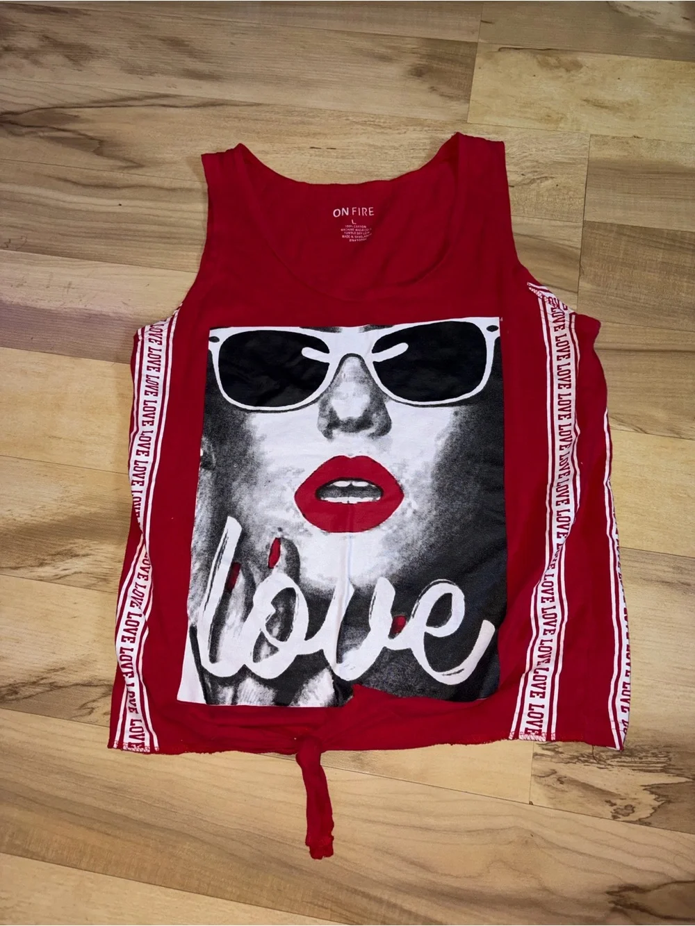 On Fire Red Graphic 'Love' Tank with Sunglass Face Print